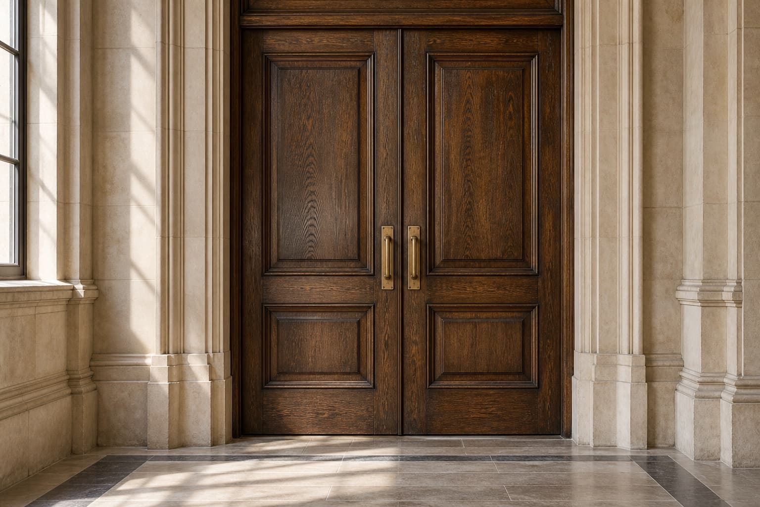 Restored dark oak double doors in a civic hall entrance