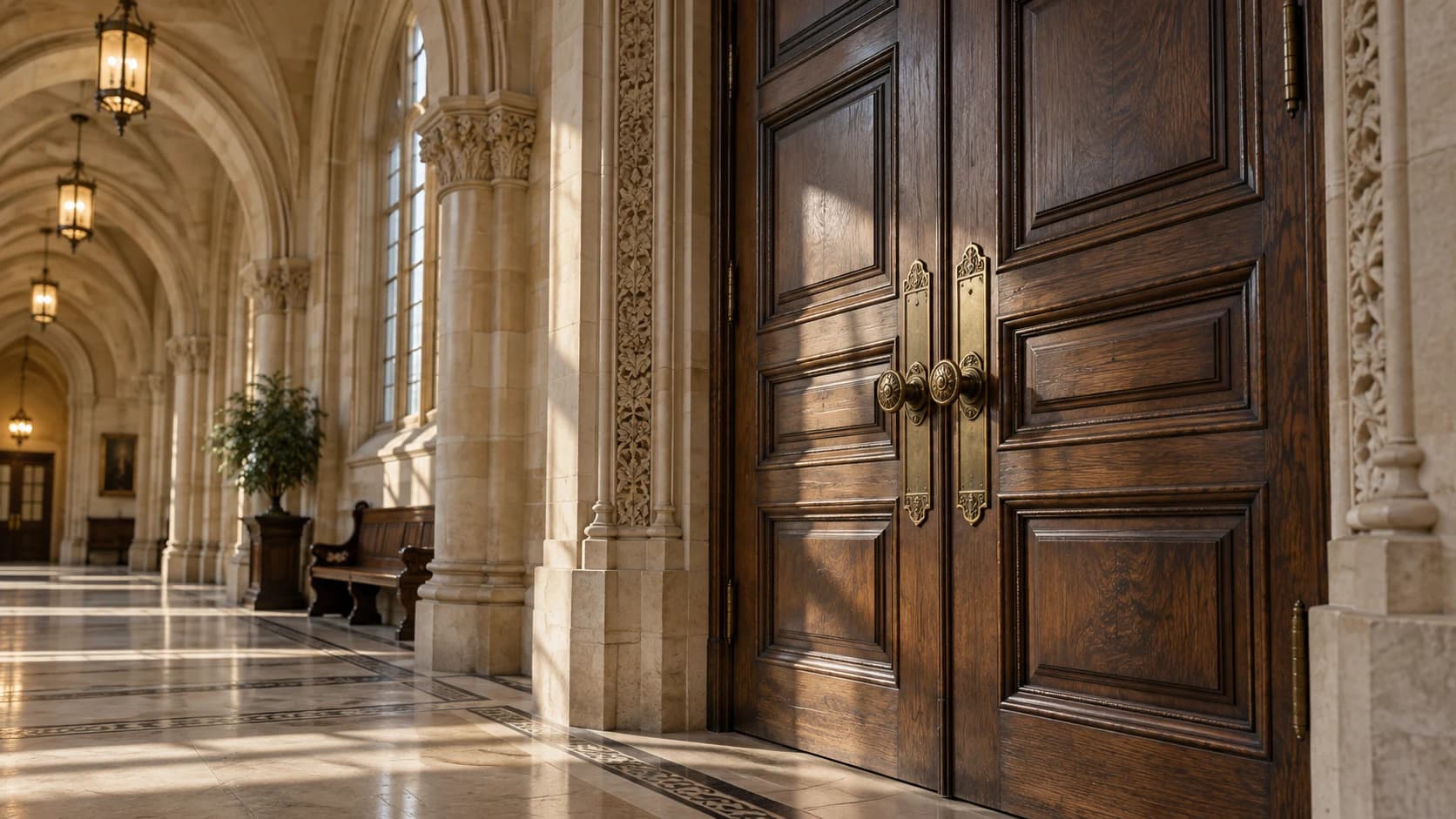 Angled view of restored dark oak doors beside a sunlit stone arcade