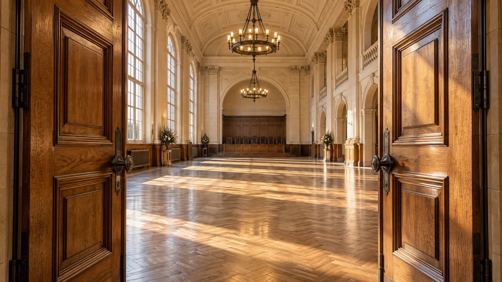 Sunlit civic interior framed by rich oak doors