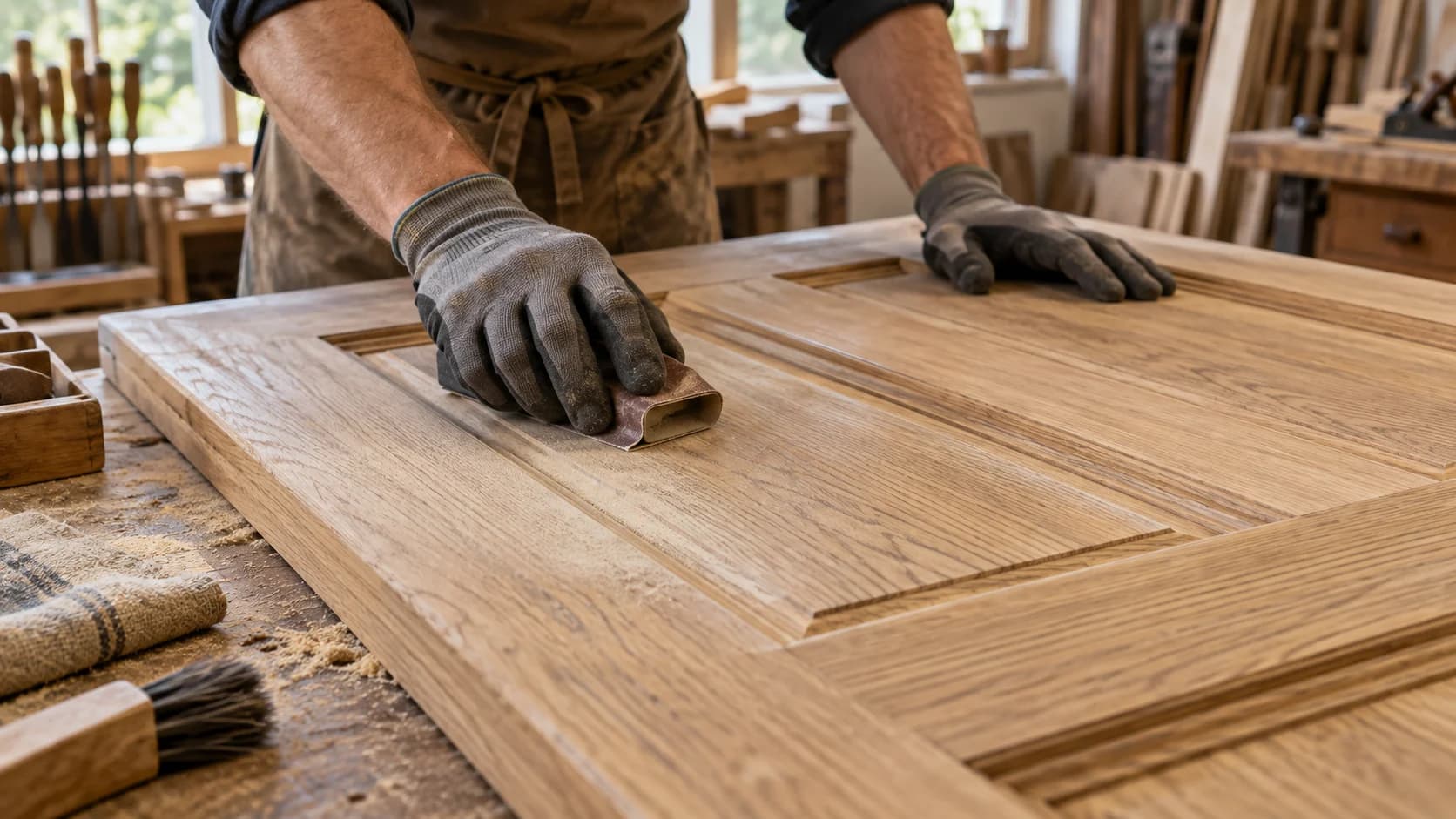 Workshop scene showing careful hand preparation of a timber door