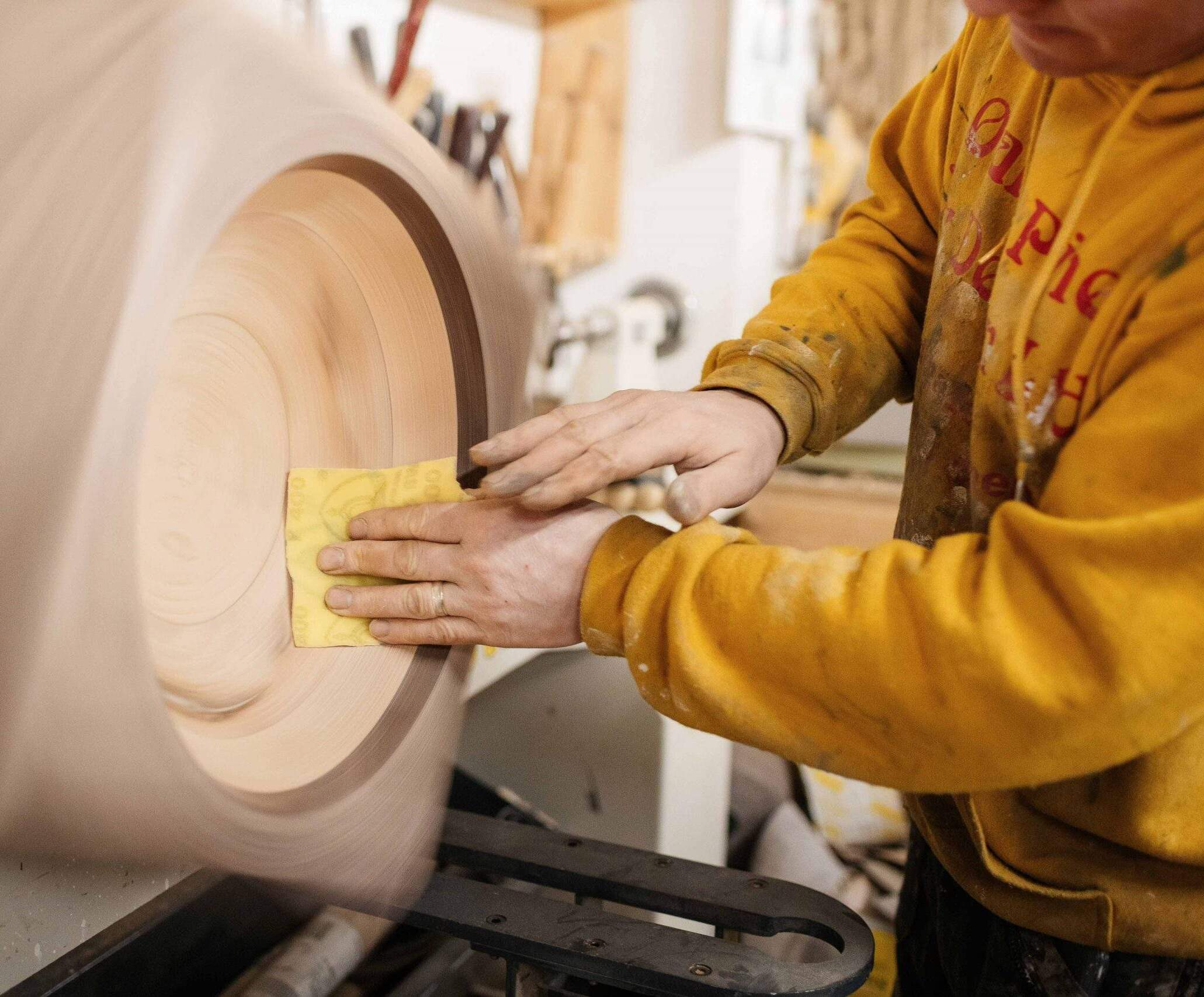 Master wood turner Daniel Fitzpatrick at the lathe, Historic Joinery Yorkshire